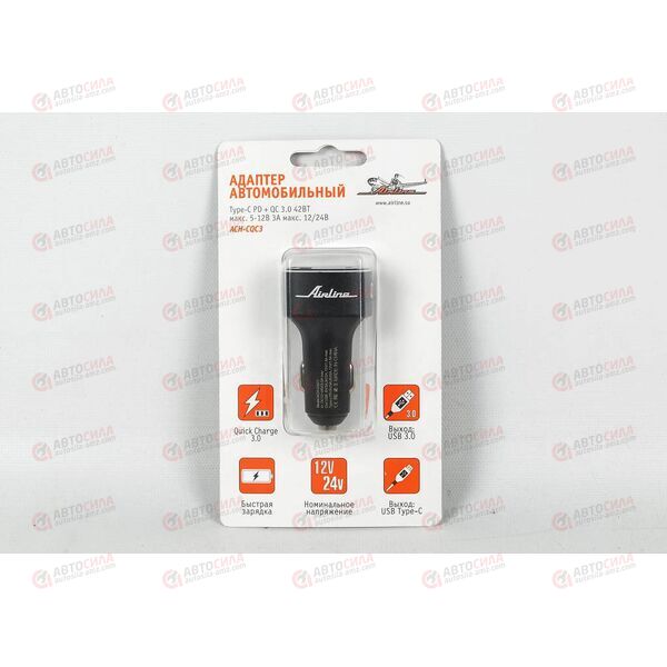Адаптер автомобильный в прикуриватель (Type-C PD + QC 3.0 36Вт) 12/24В AIRLINE, изображение 2