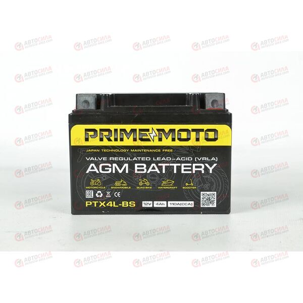АКБ PRIME MOTO 12V/4Ah (R+) (MF) (AGM) (пт 110) (PTX4L-BS) (113x70x89), изображение 2